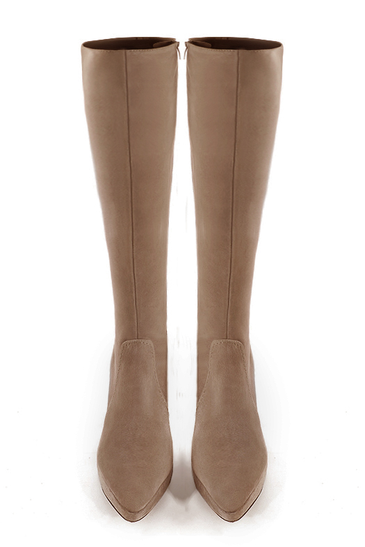 Biscuit beige women's feminine knee-high boots. Tapered toe. Very high slim heel with a platform at the front. Made to measure. Top view - Florence KOOIJMAN